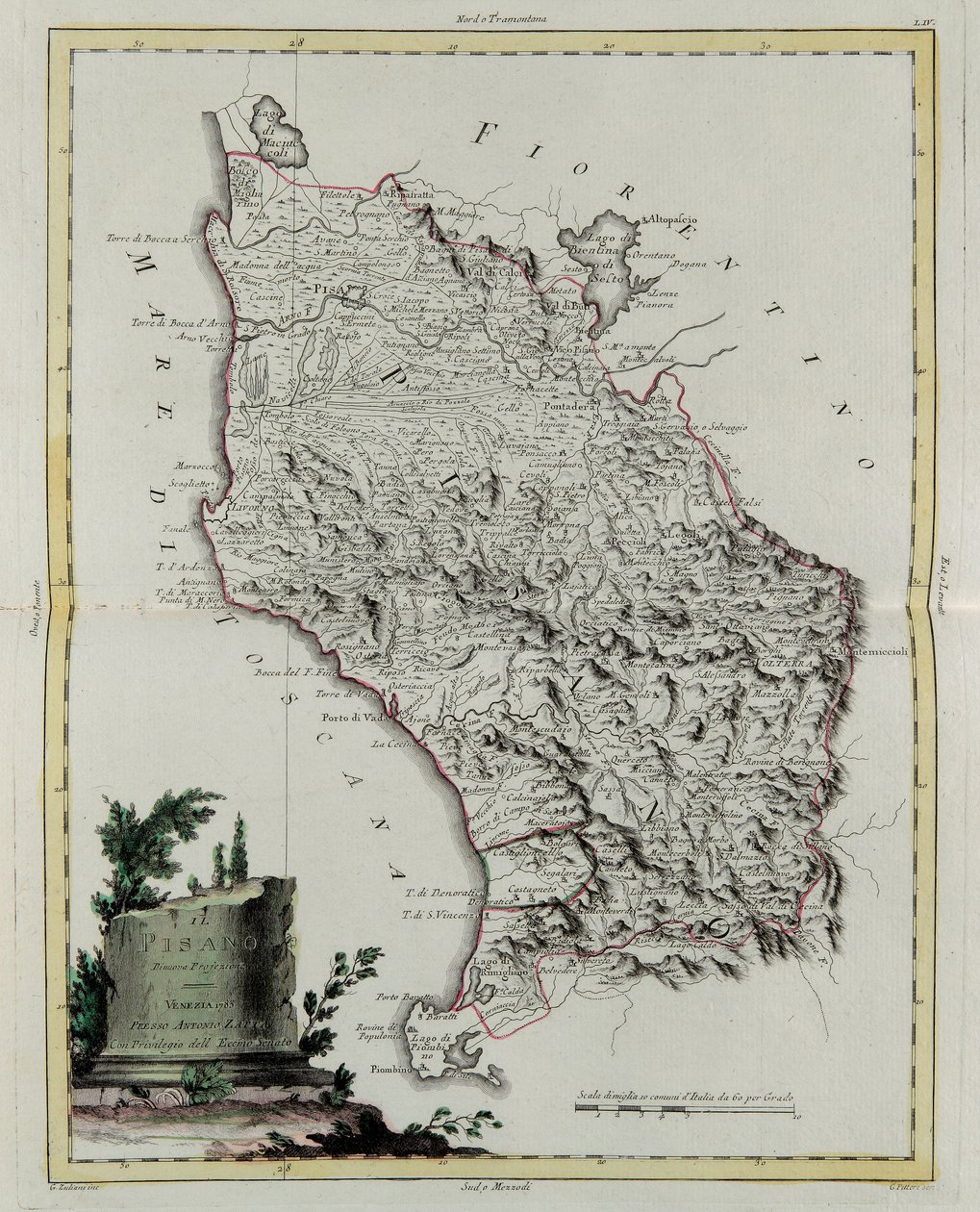 Území Pisa, rytina G. Zuliani převzatá z Toma II z "Nejnovějšího atlasu" vydaného v Benátkách v roce 1783 Antoniem Zattou, soukromá sbírka od G. Zuliani