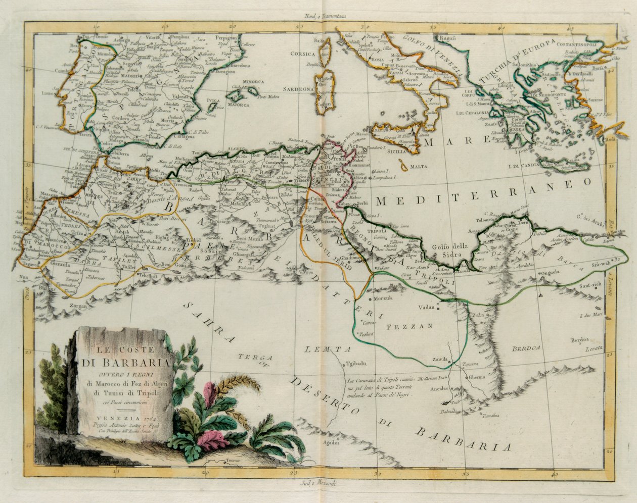 Barbary Coast aneb Království Maroka, Fez, Alžírsko, Tunisko a Tripolis s okolními zeměmi, rytina G. Zuliani převzatá z Toma IV „Nejnovějšího atlasu“ vydaného v Benátkách roku 1784 Antoniem Zattou, Soukromá sbírka od G. Zuliani