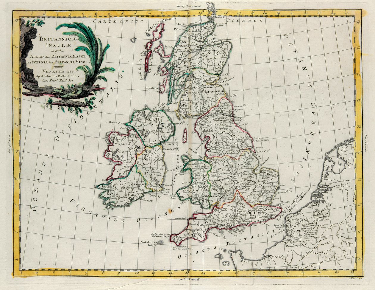 Britské ostrovy, na kterých se nachází Albion nebo Velká Británie a Ivernia nebo Malá Británie, rytina G. Zuliani převzatá z Toma I. z Nejnovějšího atlasu vydaného v Benátkách roku 1785 Antoniem Zattou od G. Zuliani