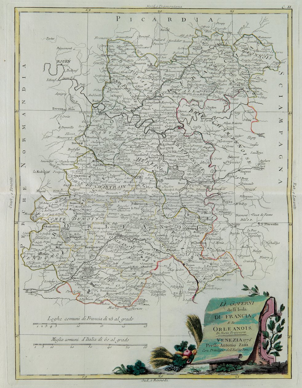Governances of Ile de France a Orleans, rytina G. Zuliani převzatá z Toma I. z Nejnovějšího atlasu vydaného v Benátkách v roce 1776 Antoniem Zattou, Soukromá sbírka od G. Zuliani