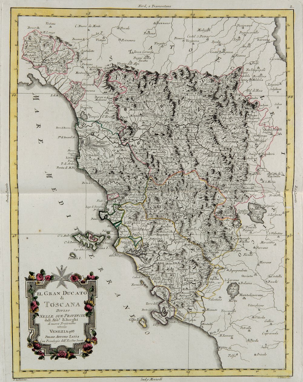 Toskánské velkovévodství rozdělené na své provincie, rytina G. Zuliani převzatá z Toma II z „Nejnovějšího atlasu“ vydaného v Benátkách v roce 1783 Antoniem Zattou, Soukromá sbírka od G. Zuliani