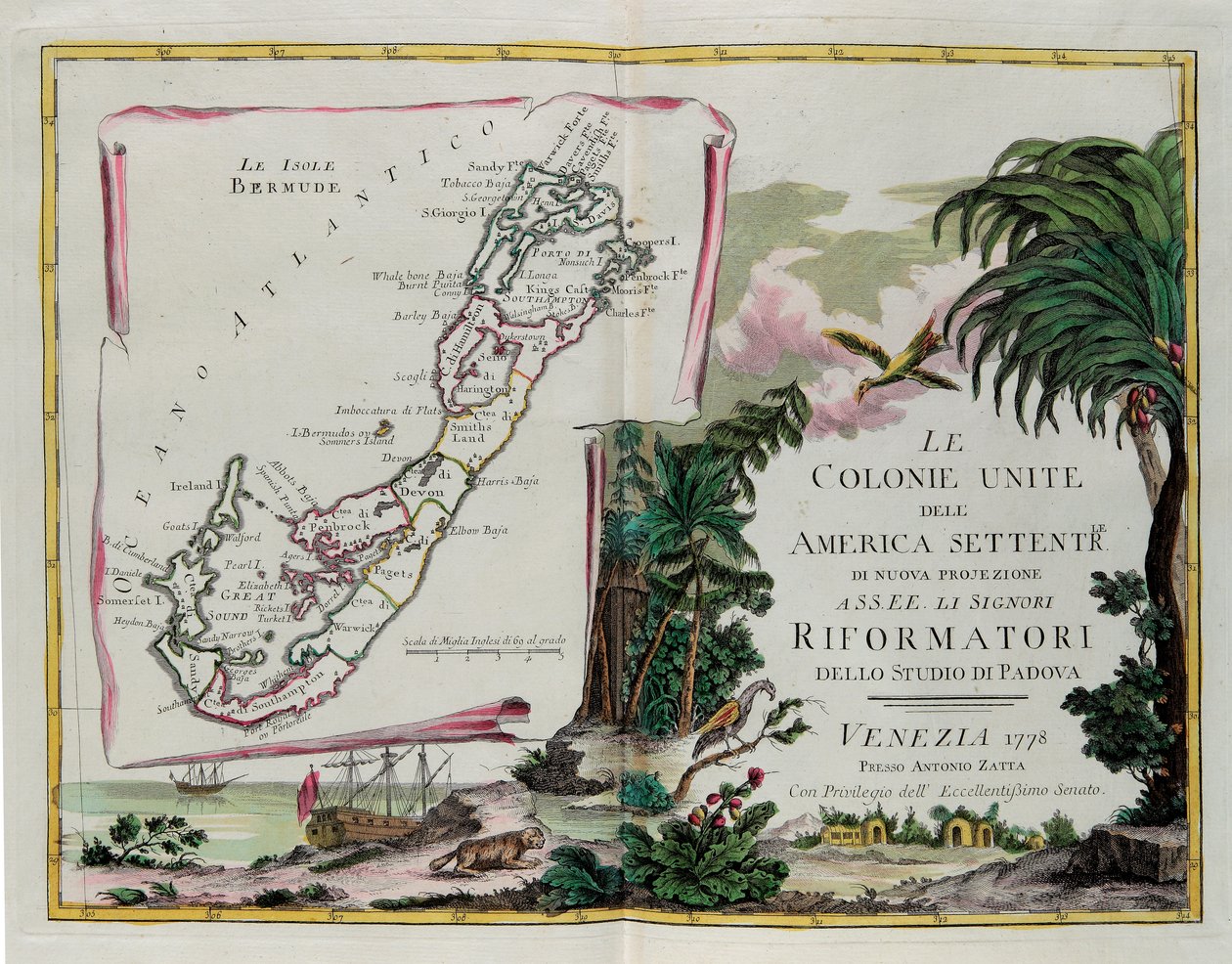Bermudské ostrovy a frontispice části věnované Spojeným koloniím Severní Ameriky, rytina G. Zuliani převzatá z Toma I. z „Nejnovějšího atlasu“ vydaného v Benátkách v roce 1778 Antoniem Zattou, Soukromá sbírka od G. Zuliani