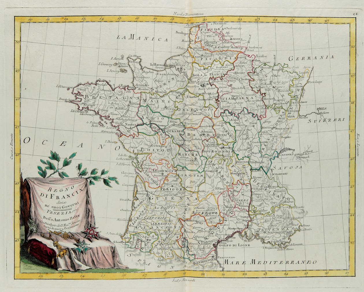 Francouzské království rozdělené na své vlády, rytina G. Zuliani převzatá z Toma I. z Nejnovějšího atlasu vydaného v Benátkách v roce 1776 Antoniem Zattou, Soukromá sbírka od G. Zuliani