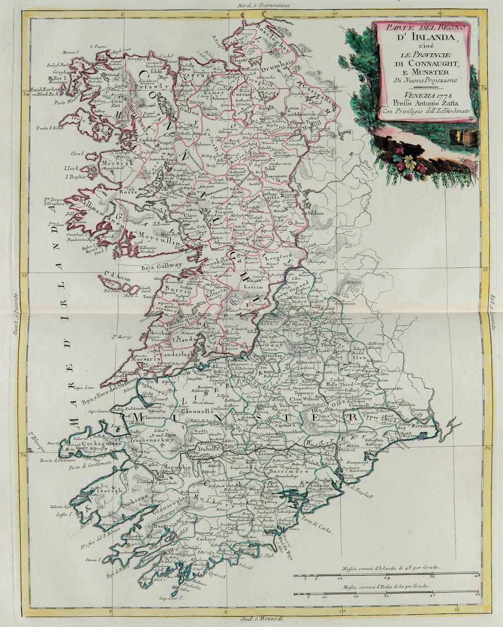 Irské království, že provincie Munster a Connaught, rytina G. Zulianiho je ze svazku I „Atlas Novissimo“, vydaného v Benátkách v roce 1778 Antoniem Zattou, soukromá sbírka od G. Zuliani