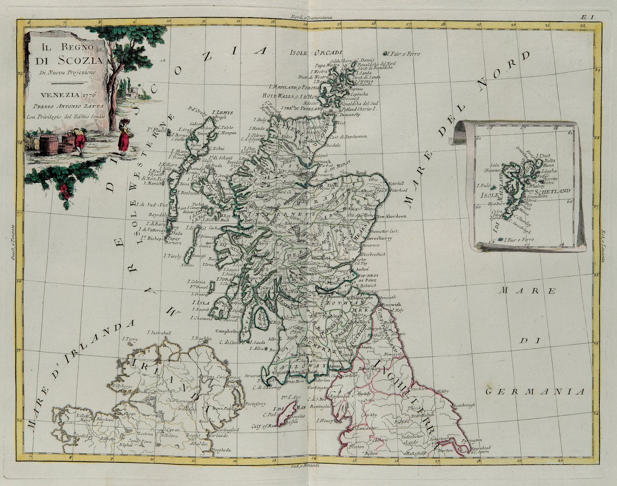 Skotské království, rytina G. Zuliani převzatá z Toma I. z nejnovějšího atlasu vydaného v Benátkách v roce 1776 Antoniem Zattou, soukromá sbírka od G. Zuliani