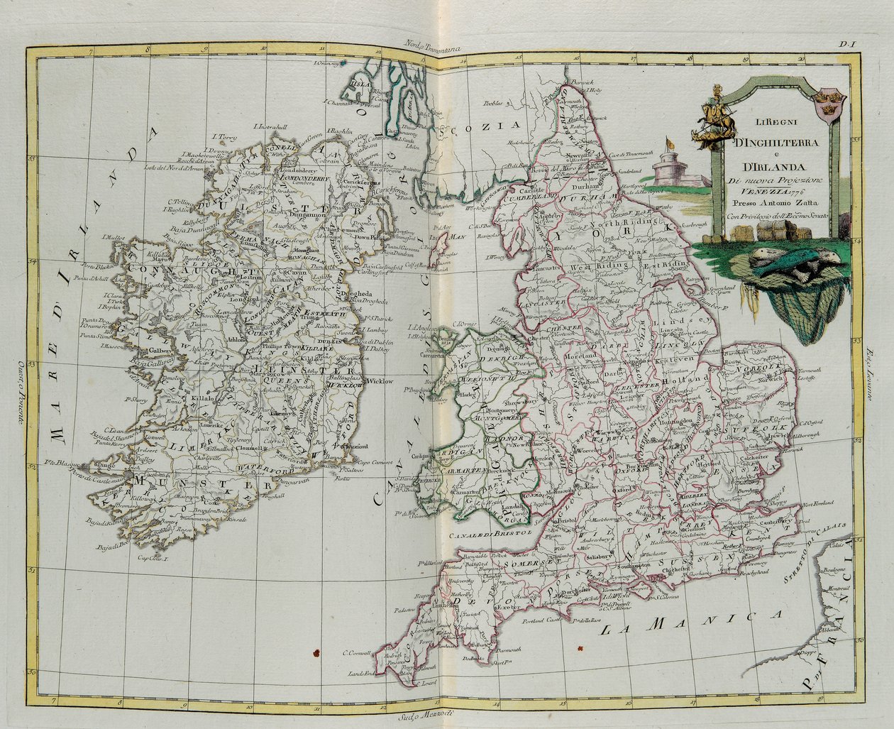 Království Anglie a Irska, rytina G. Zuliani převzatá z Toma I. z Nejnovějšího atlasu vydaného v Benátkách v roce 1776 Antoniem Zattou, Soukromá sbírka od G. Zuliani