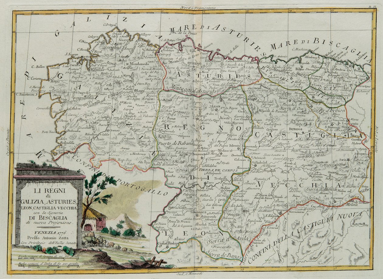 Království Galicie, Asturies, Leon, Castilla Vieja s Radou Biscallia, rytina G. Zuliani převzatá z Toma I. z Nejnovějšího atlasu vydaného v Benátkách roku 1776 Antoniem Zattou, Priva od G. Zuliani