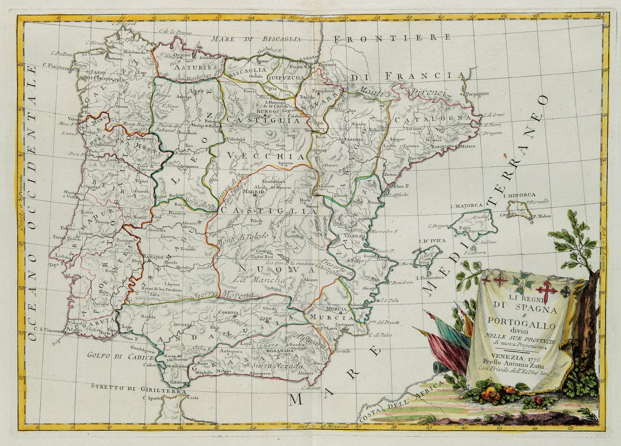 Španělská a portugalská království rozdělená na své provincie, rytina G. Zuliani převzatá z Toma I. z Nejnovějšího atlasu vydaného v Benátkách v roce 1775 Antoniem Zattou, Soukromá sbírka od G. Zuliani