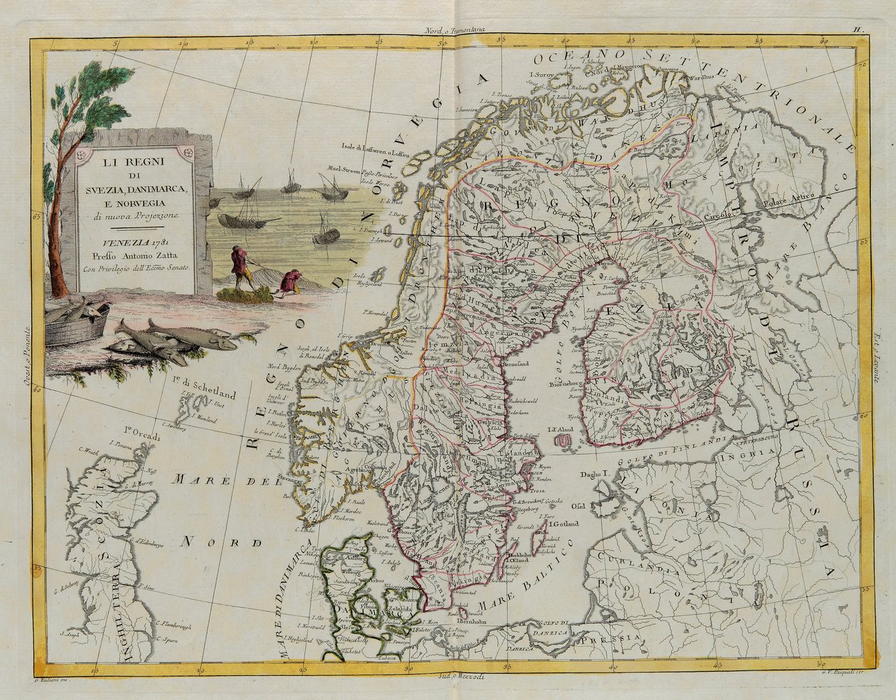 Království Švédska, Dánska a Norska, rytina G. Zuliani převzatá z Toma III z „Nejnovějšího atlasu“ vydaného v Benátkách v roce 1781 Antoniem Zattou, Soukromá sbírka od G. Zuliani