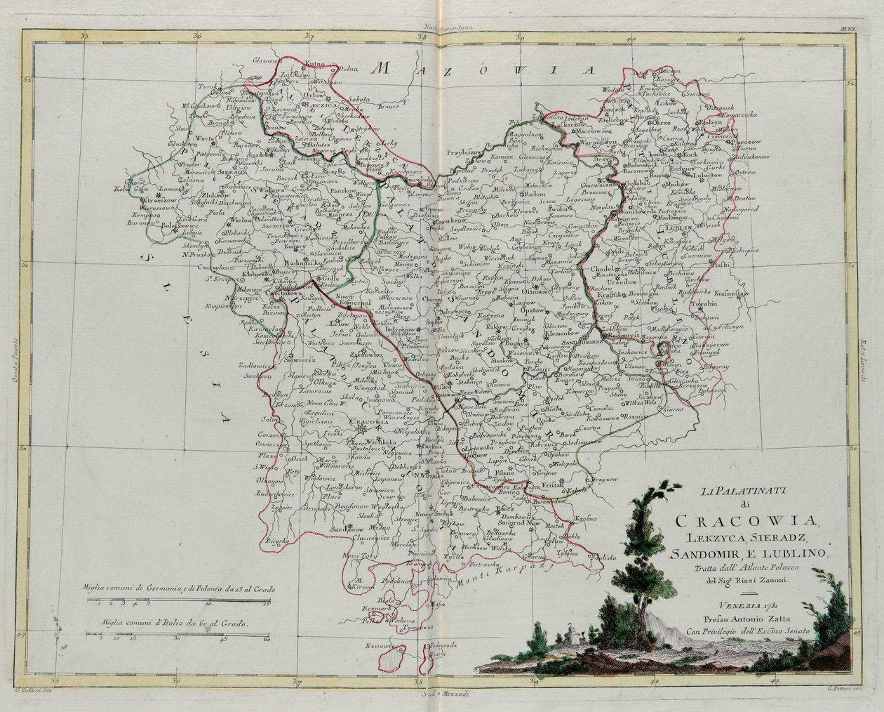 Falce Krakov, Lekzyca, Sieradz, Sandomir a Lublin, ryté G. Zuliani, převzato ze svazku III „Nejnovějšího atlasu“ vydaného v Benátkách v roce 1781 Antoniem Zattou, Soukromá sbírka od G. Zuliani