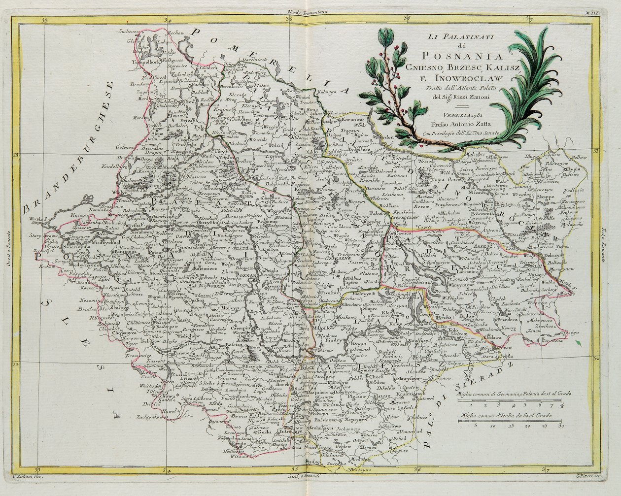 Falce Posnania, Gniesno, Brzesc, Kalisz a Inovroclav, ryté G. Zuliani, převzato ze svazku III "Nejnovějšího atlasu" vydaného v Benátkách v roce 1781 Antoniem Zattou, Soukromá sbírka od G. Zuliani