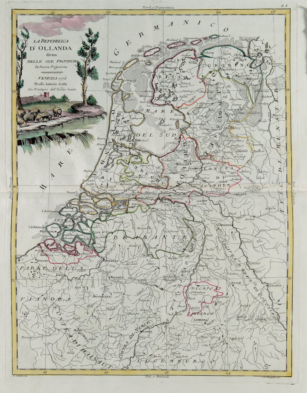 Holandská republika rozdělená na své provincie, rytina G. Zuliani převzatá z Toma I. z Nejnovějšího atlasu vydaného v Benátkách v roce 1776 Antoniem Zattou, Soukromá sbírka od G. Zuliani
