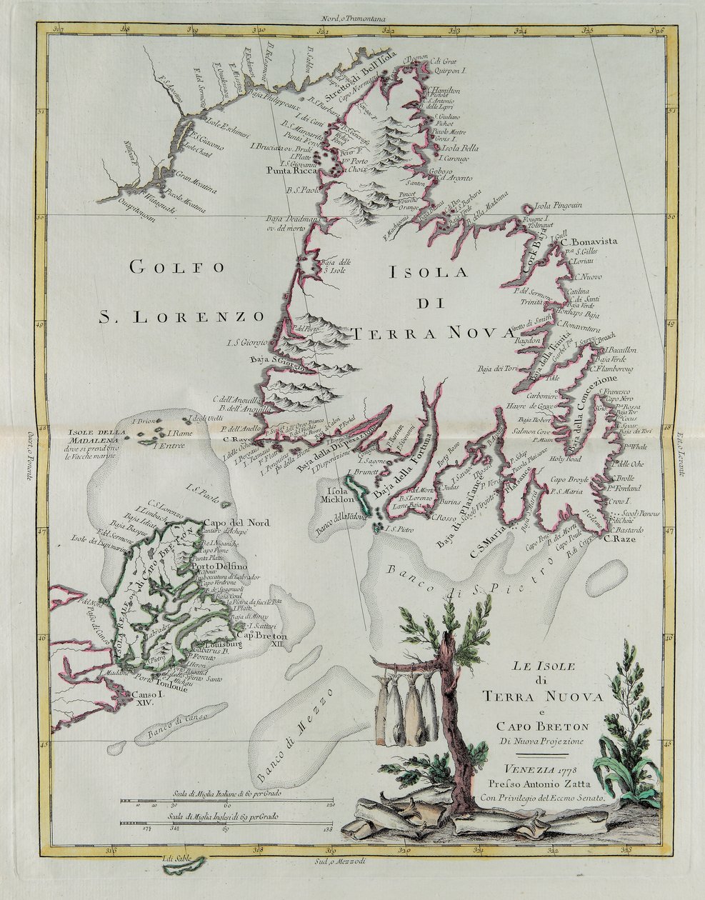 Ostrovy Newfoundland a Cape Breton, rytina G. Zuliani převzatá z Toma I. z „Nejnovějšího atlasu“ vydaného v Benátkách v roce 1778 Antoniem Zattou, Soukromá sbírka od G. Zuliani