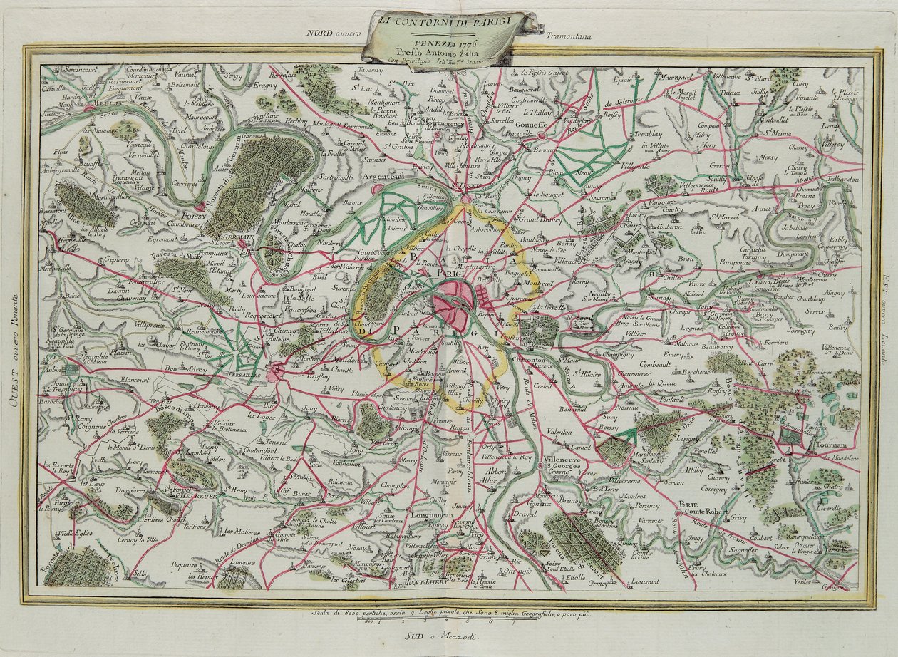 Obrys Paříže, Vládnutí Francie a Orleansu, rytina G. Zuliani převzatá z Toma I. z Nejnovějšího atlasu vydaného v Benátkách v roce 1776 Antoniem Zattou, Soukromá sbírka od G. Zuliani