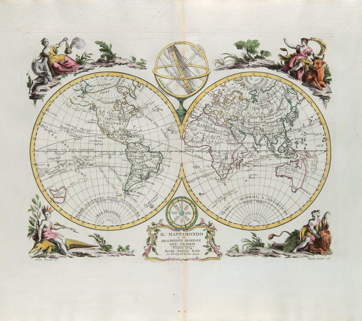 Mapa světa a obecný popis zeměkoule, rytina G. Zuliani převzatá z Toma I. z nejnovějšího atlasu vydaného v Benátkách v roce 1774 Antoniem Zattou od G. Zuliani