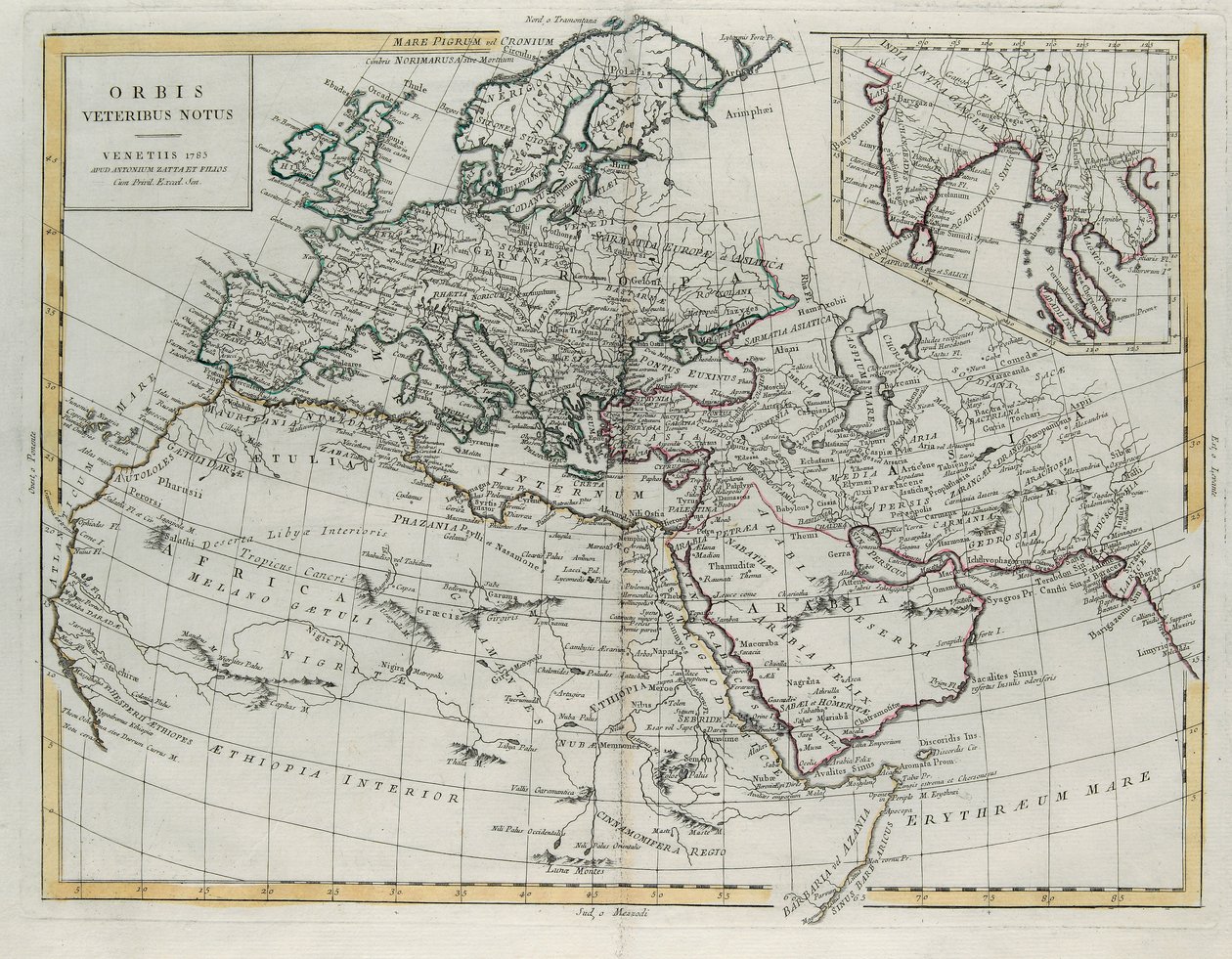Svět známý Antikům, rytina G. Zuliani převzatá z Toma IV Nejnovějšího atlasu vydaného v Benátkách v roce 1785 Antoniem Zattou, Soukromá sbírka od G. Zuliani