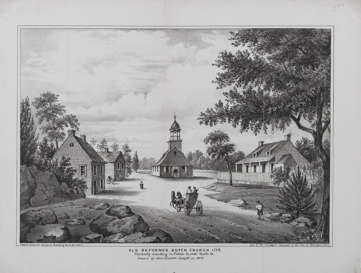 Old Reformed Dutch Church v roce 1776, nakreslila slečna Elizabeth Sleightová v roce 1808, vytištěno pro H. McCloskeyse Manuela z města Brooklyn, 1864 od G. after Hayward