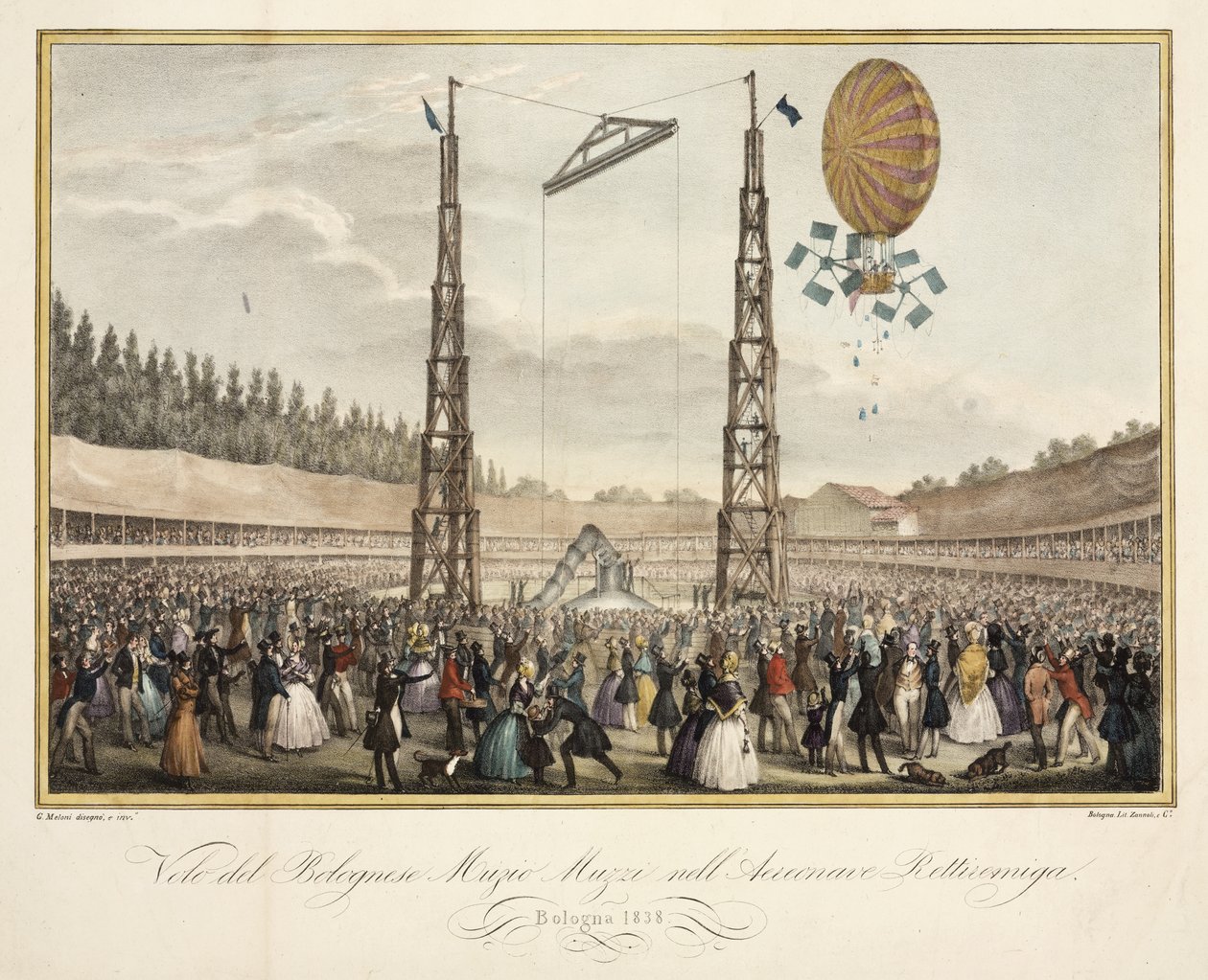 Let Bolognese Muzio Muzzi (1809-46) ve vzducholodi Retirremiga, 1838 od G. after Meloni
