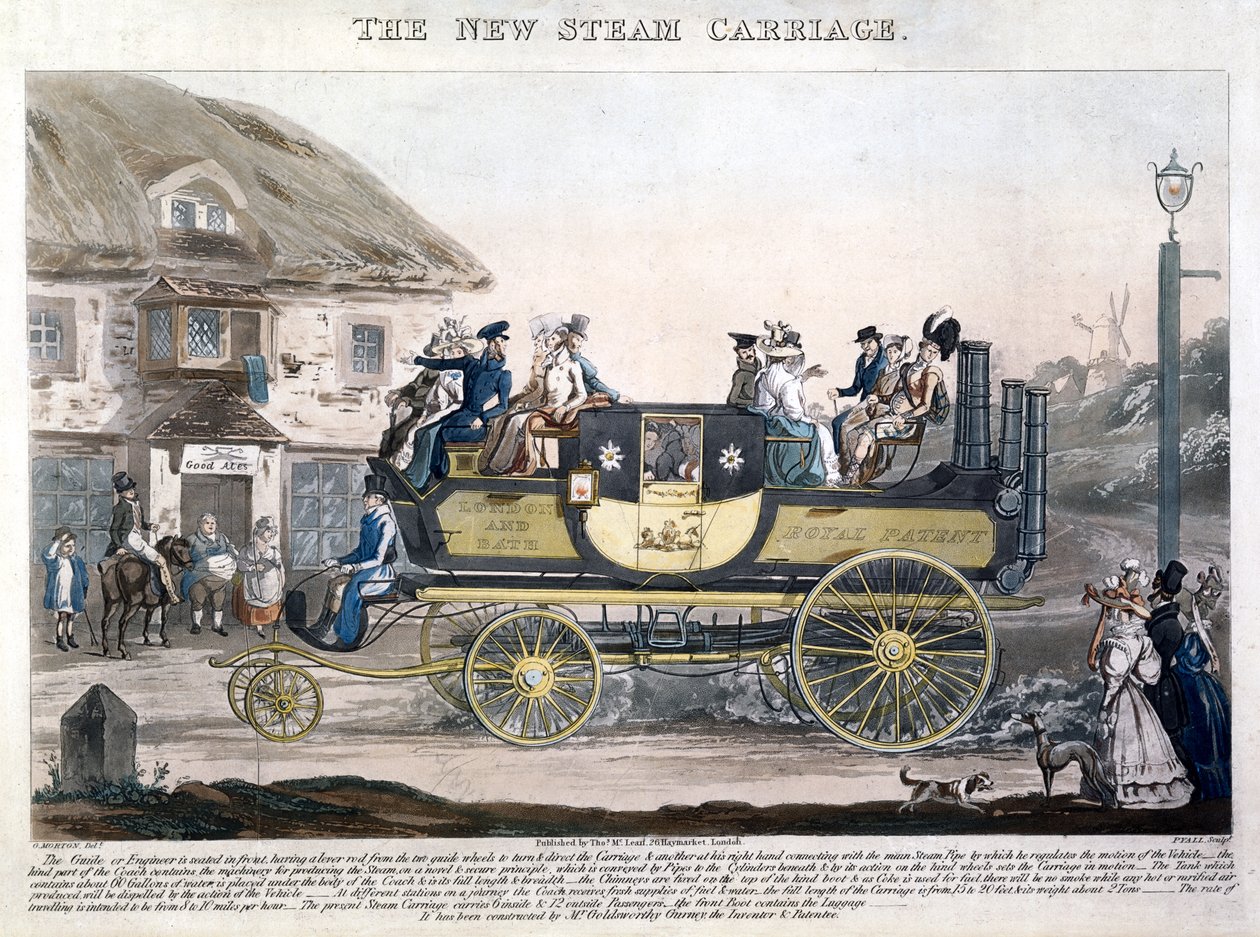 The New Steam Carriage, vyrytý Henry Pyall (1795-1833) 1827 (barevná akvatinta) od G. after Morton