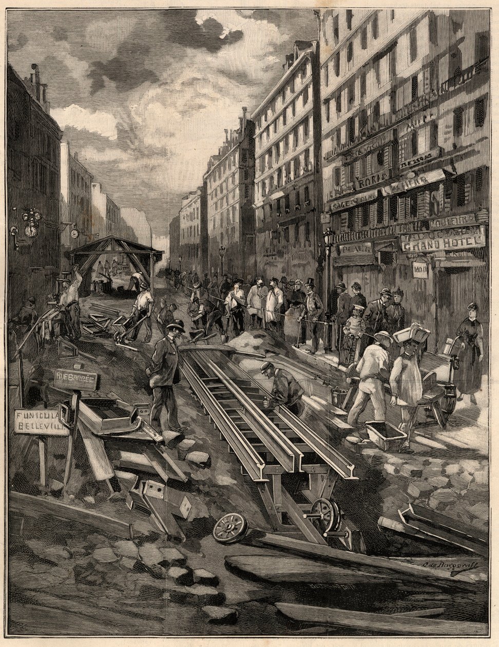 Lanová dráha Belleville, položila trať, rue de Belleville v roce 1894. Rytina po M.G. kresba de Burgrraffa. V „The Illustrous World“ z roku 1894. od G. de Burgraff