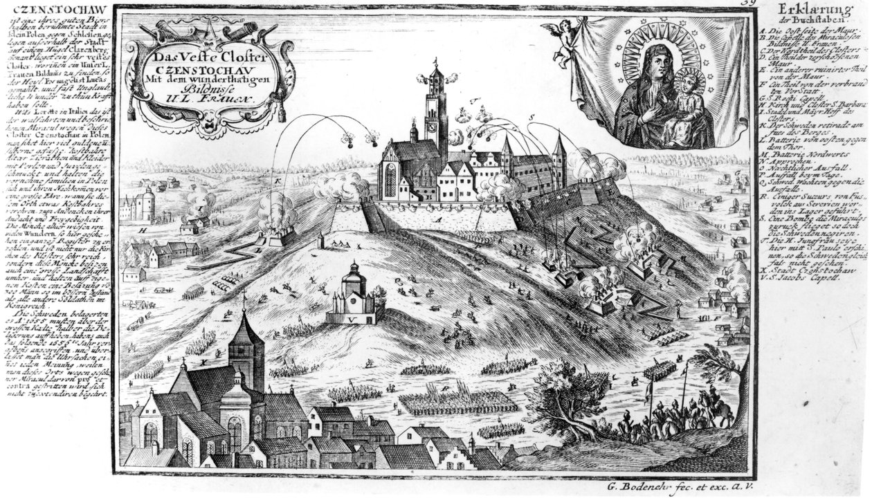 Klášter Jasna Gora, Czestochowa, v obležení švédskými silami v roce 1655 od Gabriel Bodenehr