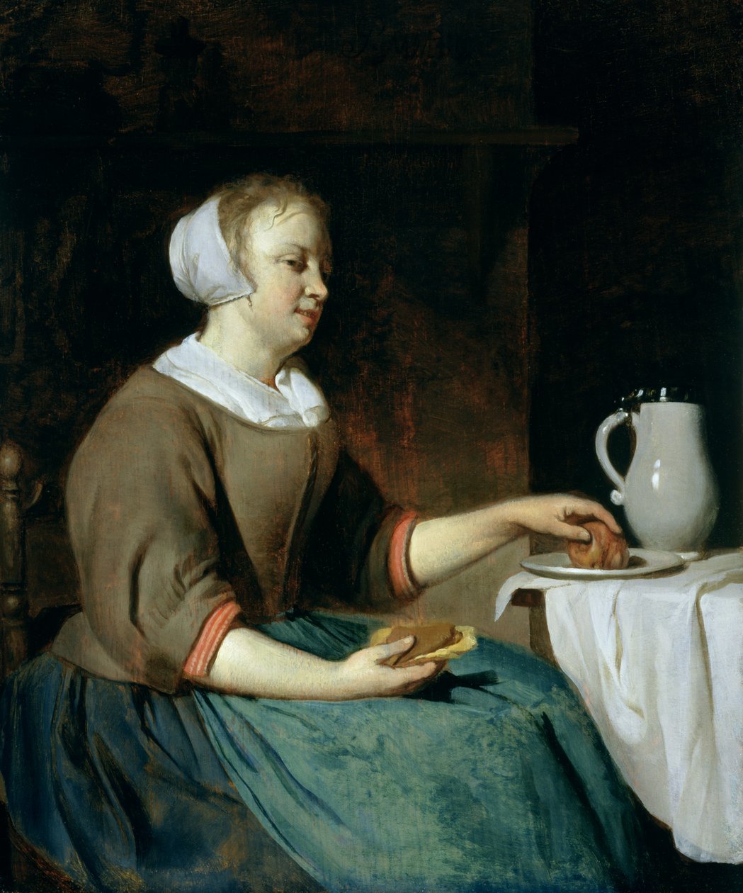 Portrét dívky sedící u stolu od Gabriel Metsu