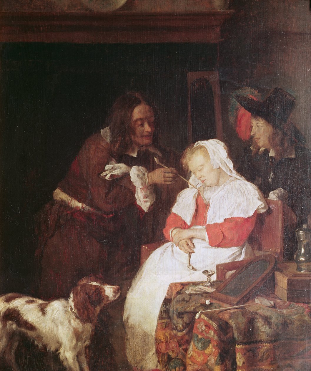 Dva muži se spící ženou, asi 1655-60 (olej na dubové desce) od Gabriel Metsu