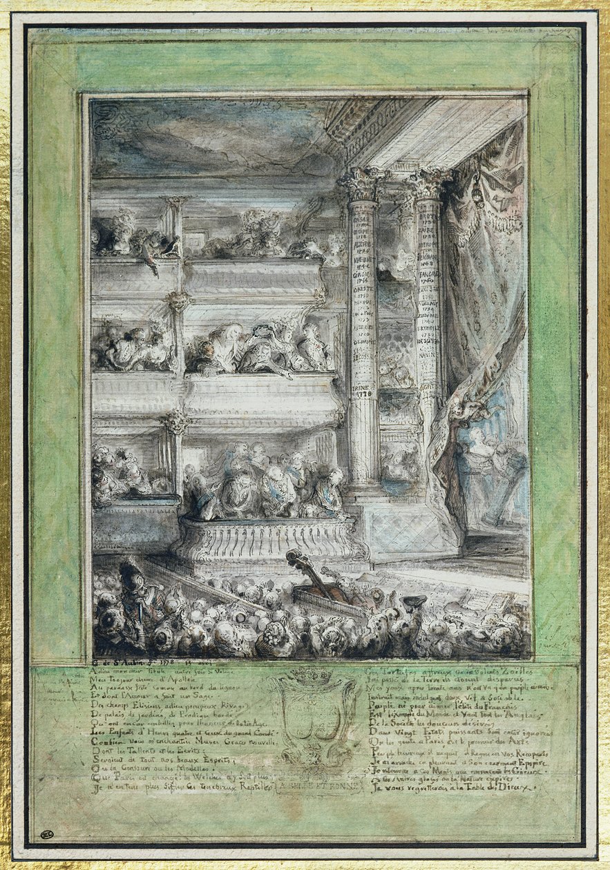 Korunování Voltaira v Theater Francais od Gabriel de Saint Aubin