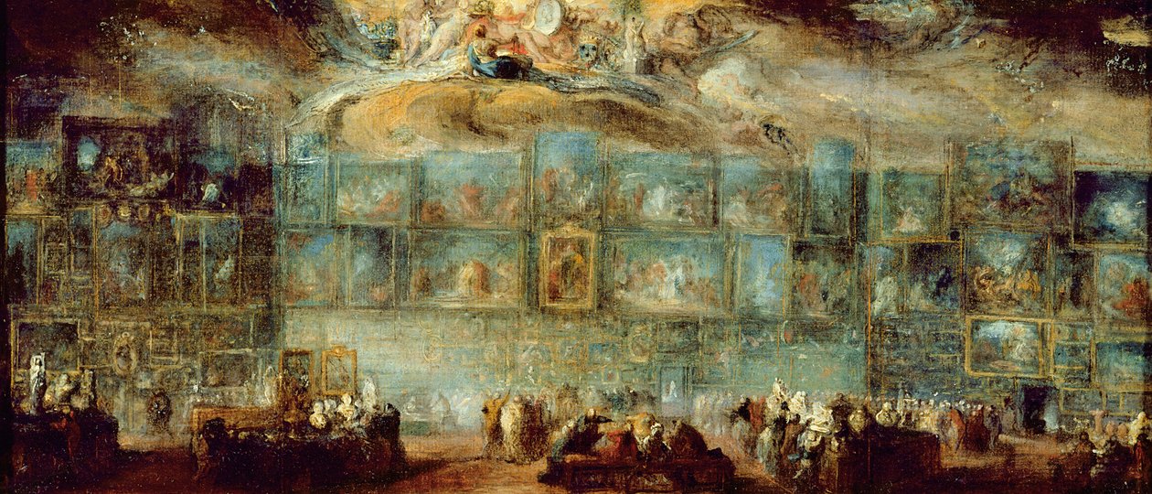 Pohled na salon v Louvru, 1779 (olej na papíře na plátně) od Gabriel de Saint Aubin
