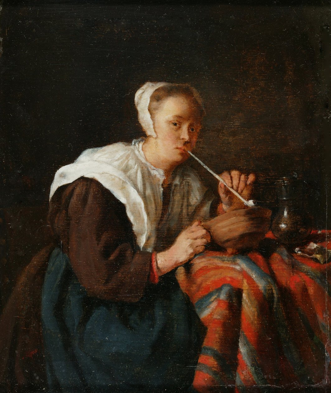 Žena sedící a kouří dýmku (olej na panelu) od Gabriel (after) Metsu