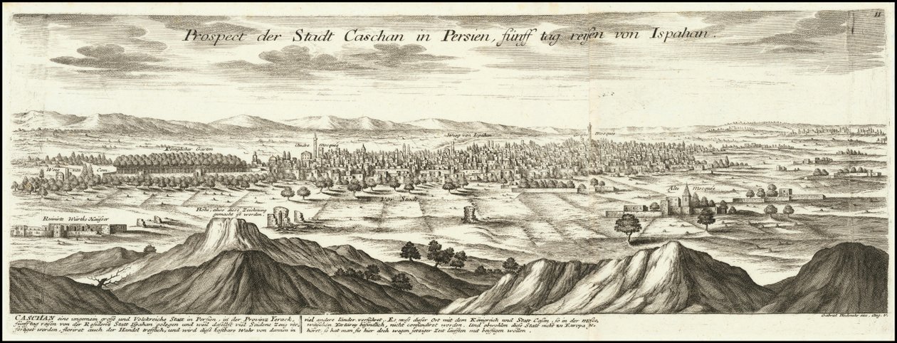 1720 ilustrace - Vyhlídka na město Kašan v Persii pět dní cesty od Ispahanu od Gabriel Bodenehr