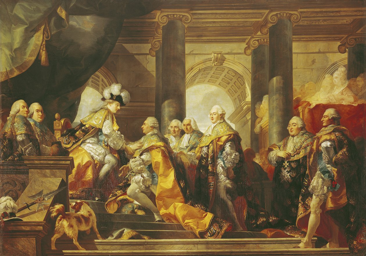 Ludvík XVI. (1754-93) francouzský král, přijímající poctu rytířů Řádu svatého Esprita v Remeši, 13. června 1775 od Gabriel Francois Doyen
