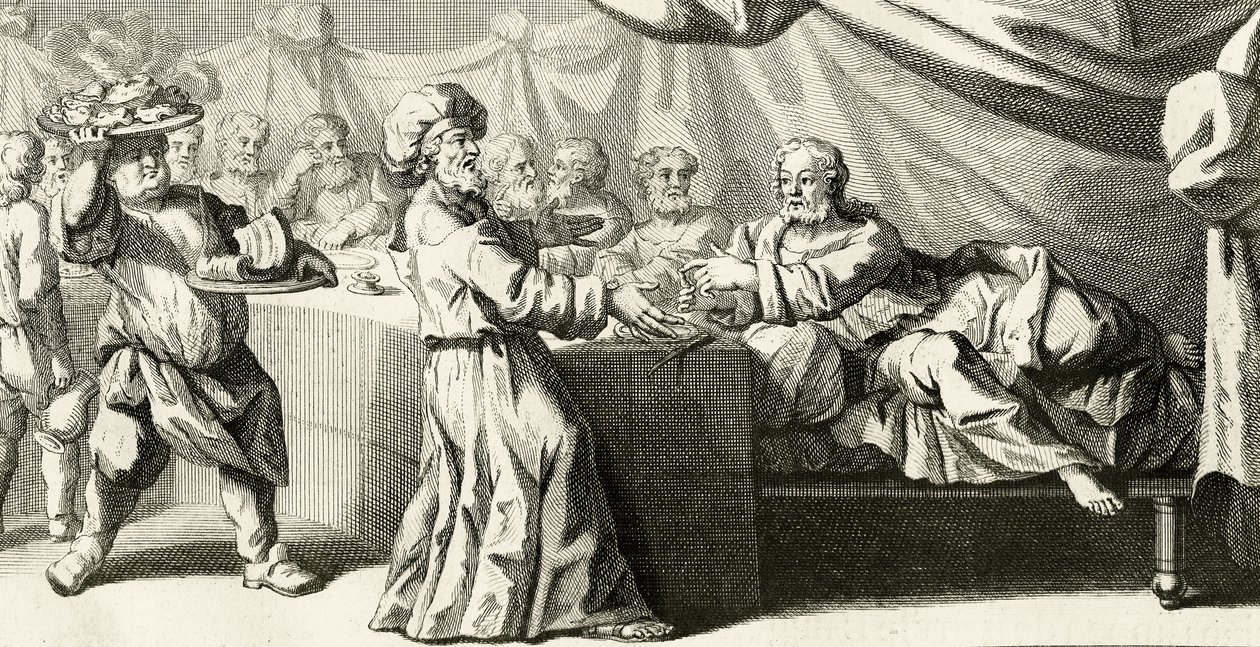 Ježíš pozval na večeři s farizeem, ilustrace z evangelia svatého Lukáše, kapitola 11:37, 1728 od Gabriel Francois Louis Debrie