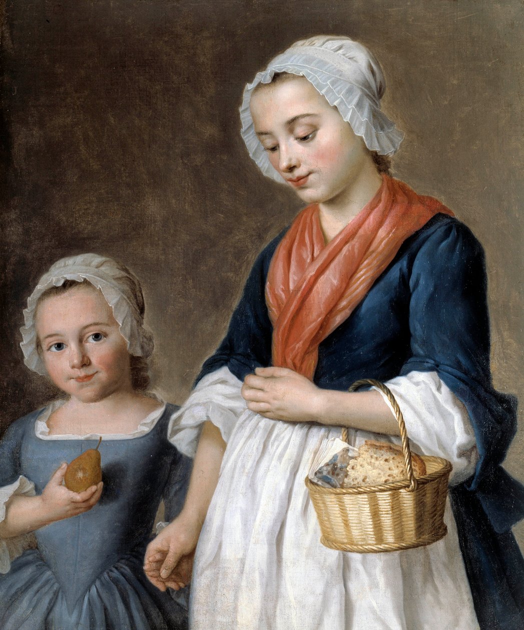 Malá holčička ve třídě Matka drží chuť své malé dcery v košíku. Detail obrazu od Gabriela Greslyho (1712-1756) od Gabriel Gresly