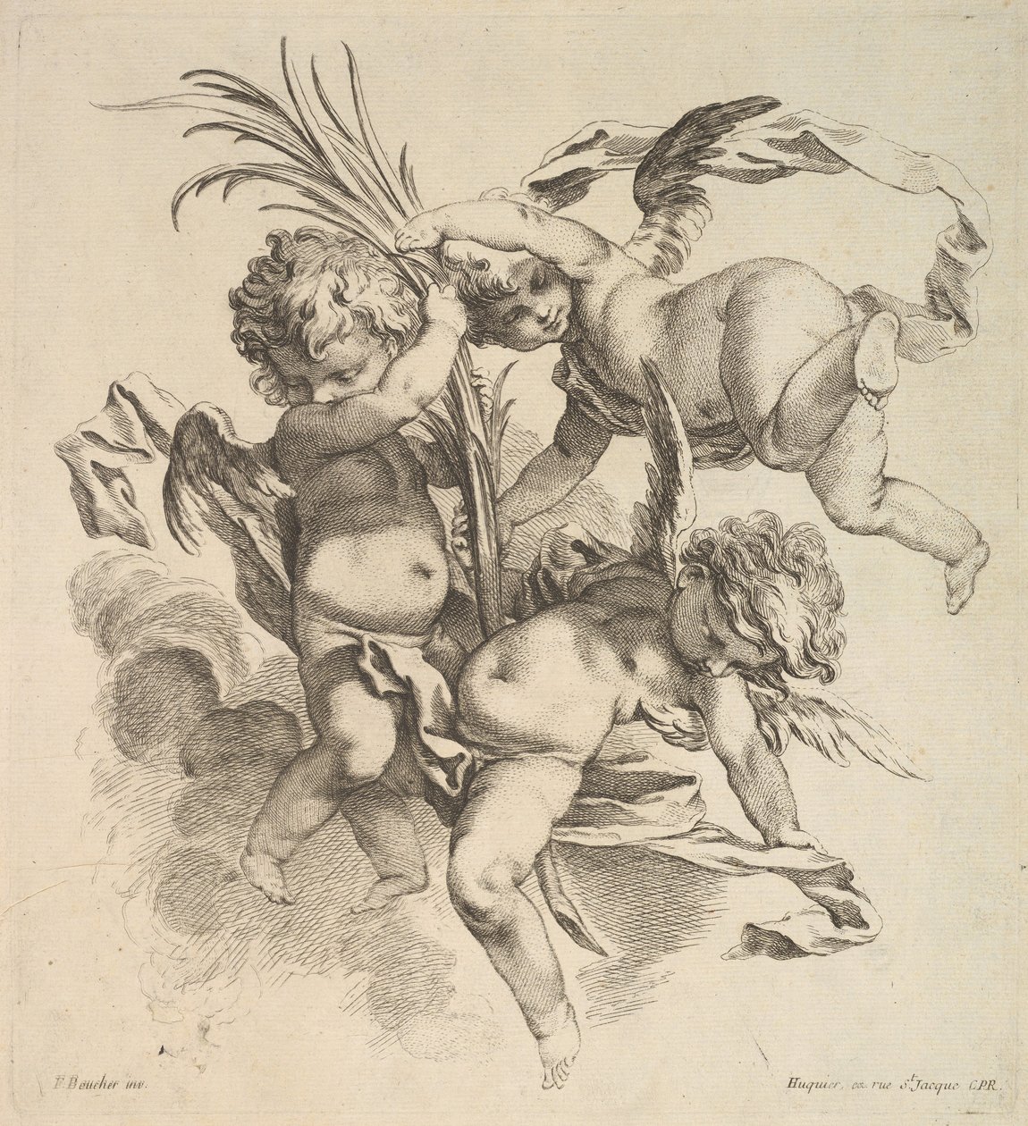 Tři děti mezi mraky poblíž palmového listu, 1738-45. od Gabriel Huquier