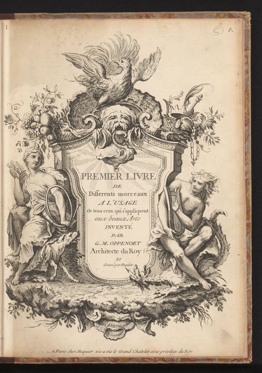 Titulní tisk pro sérii šesti ozdob Různé návrhy pro odborníky na výtvarné umění, první kniha (název série) Premier livre de différents morceaux a l