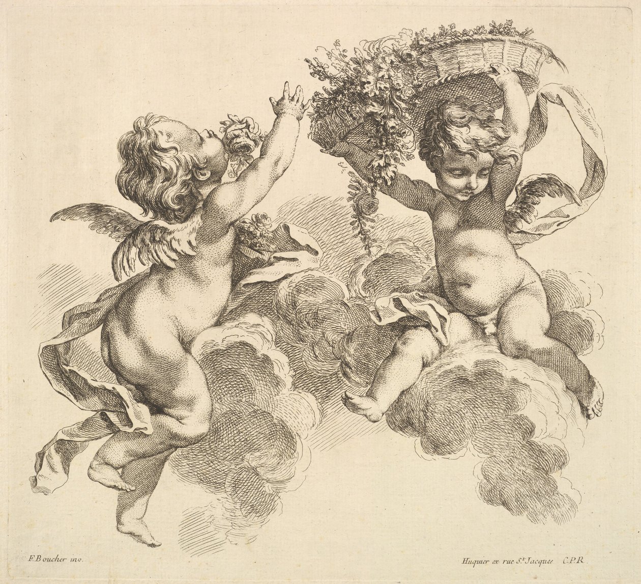 Dvě děti, jedno drží košík s květinami, 1738-45. od Gabriel Huquier