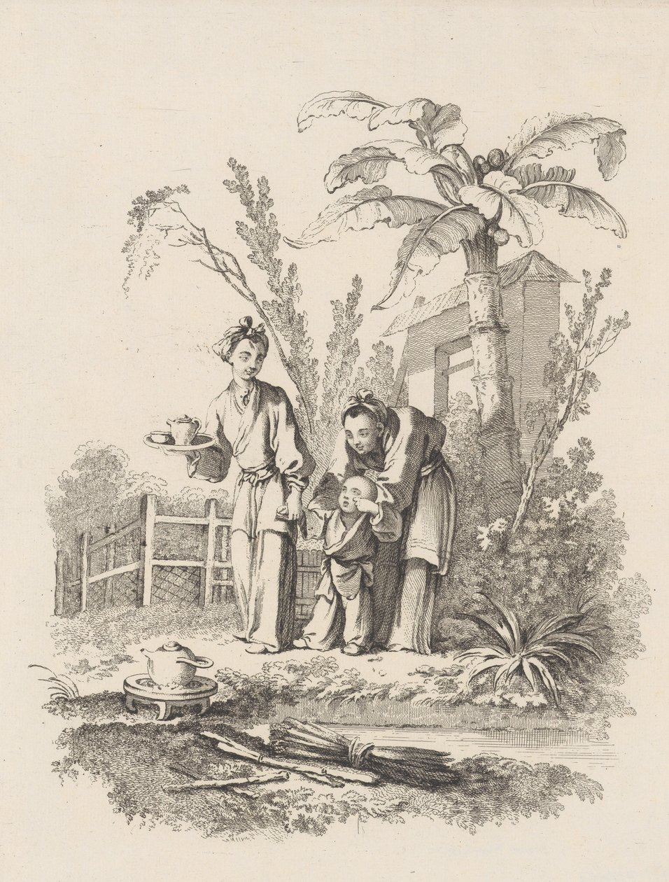 Dvě ženy vedou dítě k čajové konvici na stole u rybníka, ca. 1742. od Gabriel Huquier