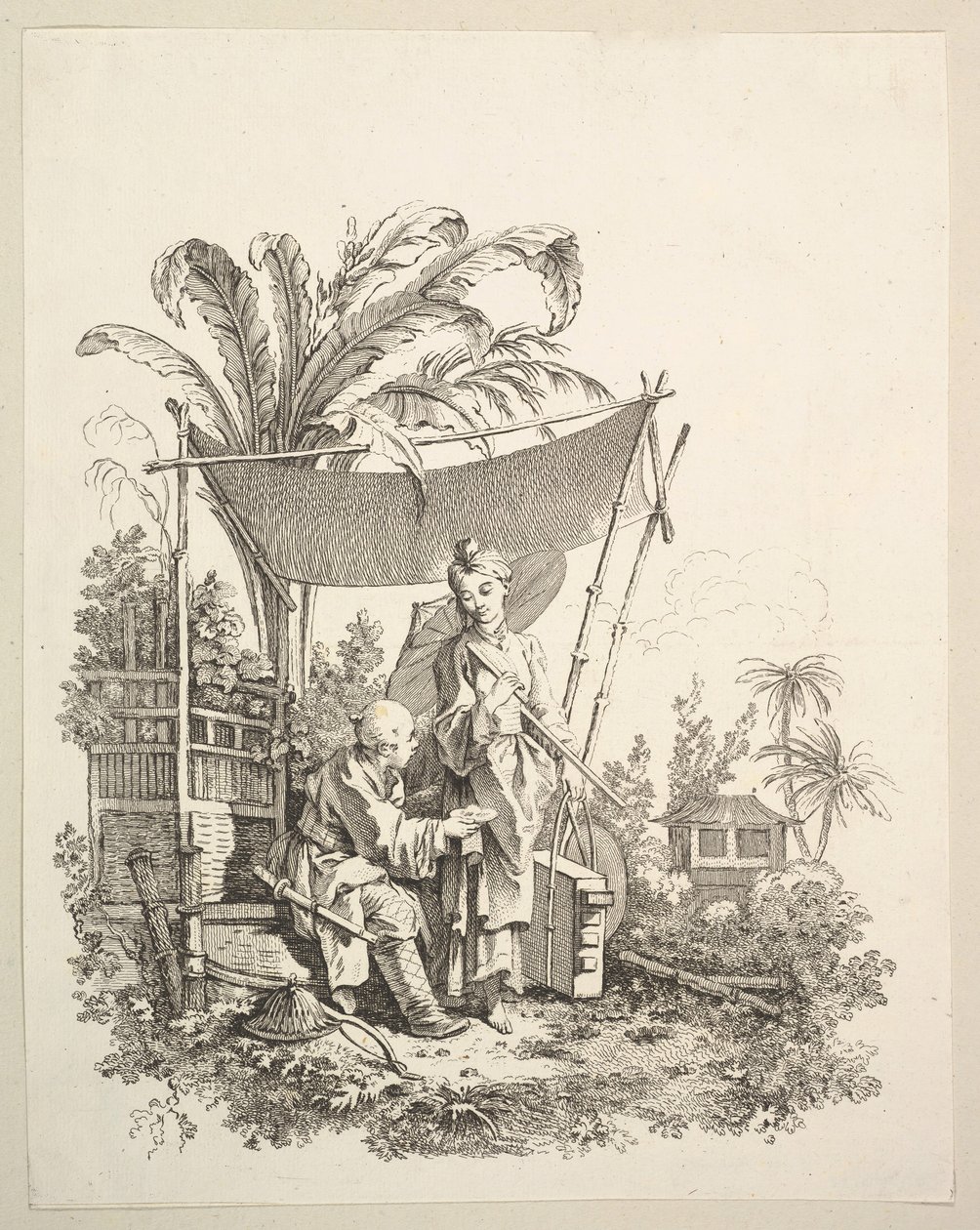 Žena ukazuje kuriozity vojákovi, ca. 1742. od Gabriel Huquier