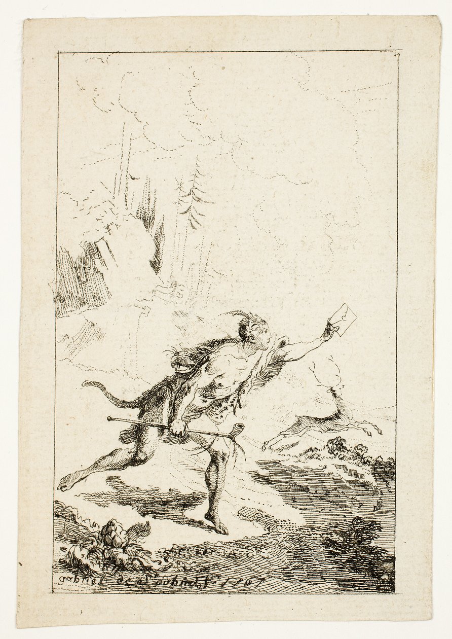 Posel odeslaný M. Saint-Denisovi, M. Belle-Isle, vězeň, třetí deska z Les Nouveaux Voyages aux Indes Occidentales od Gabriel Jacques de Saint Aubin
