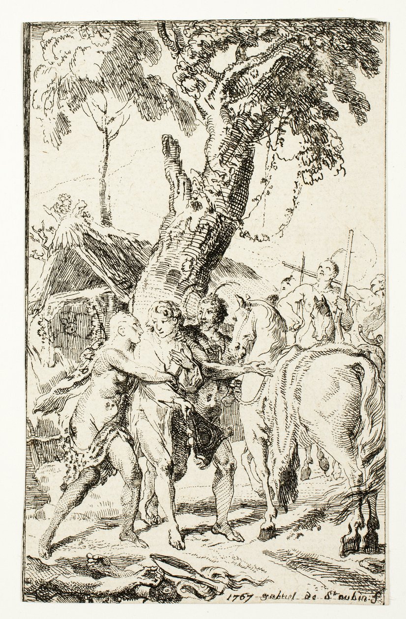 Útěk pana de Belle-Isle, vězně v Attakapas, deska čtyři z Les Nouveaux Voyages aux Indes Occidentales od Gabriel Jacques de Saint Aubin