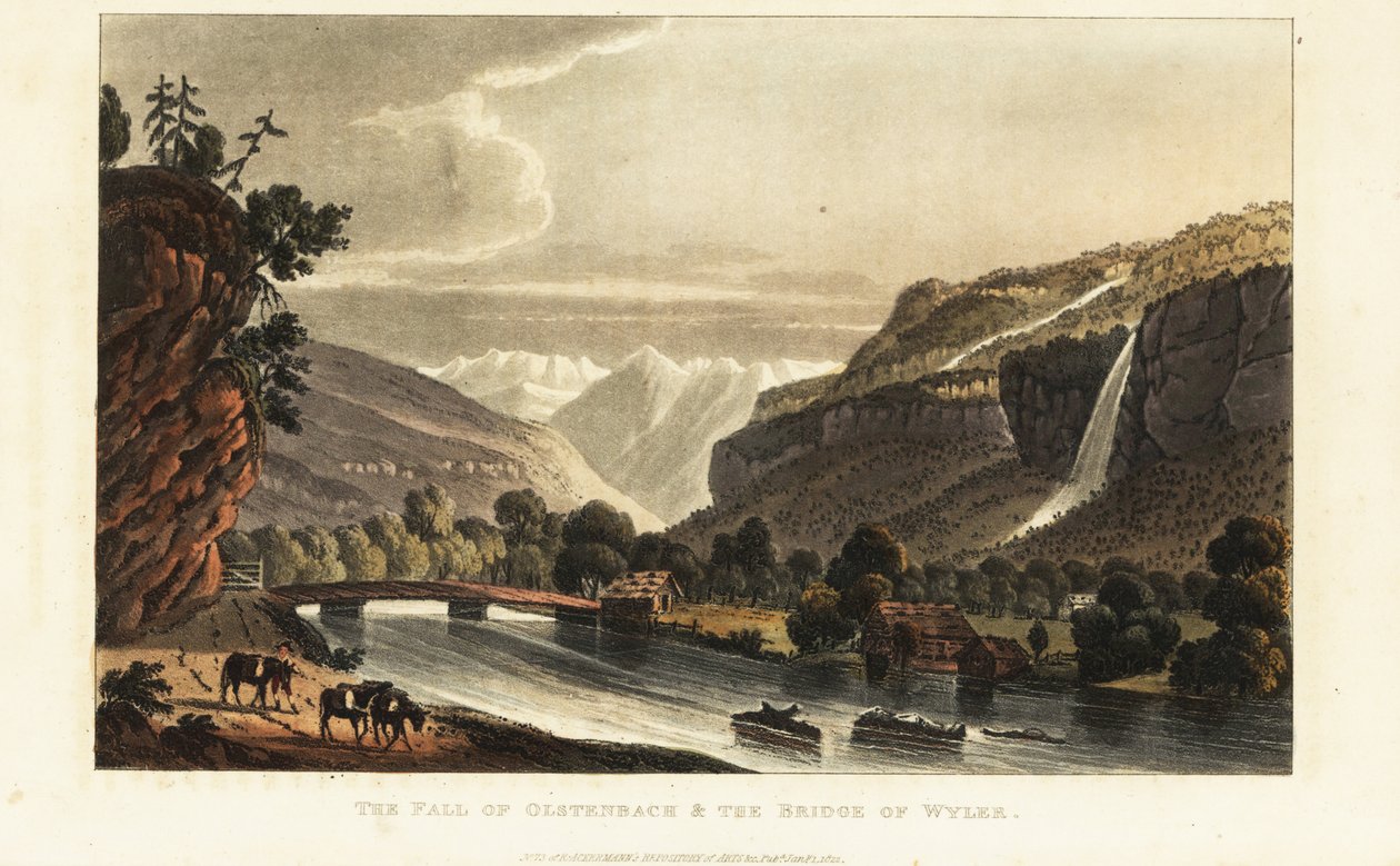 Pohled na ledovce; Alpy; vodopád a most přes Gadmerwasser u Wileru; Bernské vysočiny Alpy, Švýcarsko od Gabriel Ludwig (after) Lory