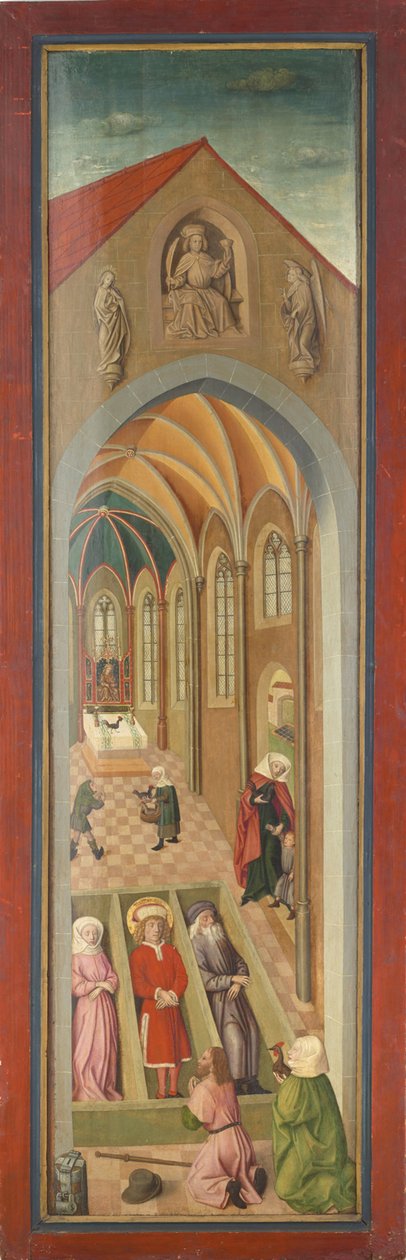 Panel svatovítského oltáře z klášterního kostela Tegernsee, svatí Vít, Modestus a Kreszentia v jejich rakvích, uctívaný pár poutníky od Gabriel Maeleßkircher