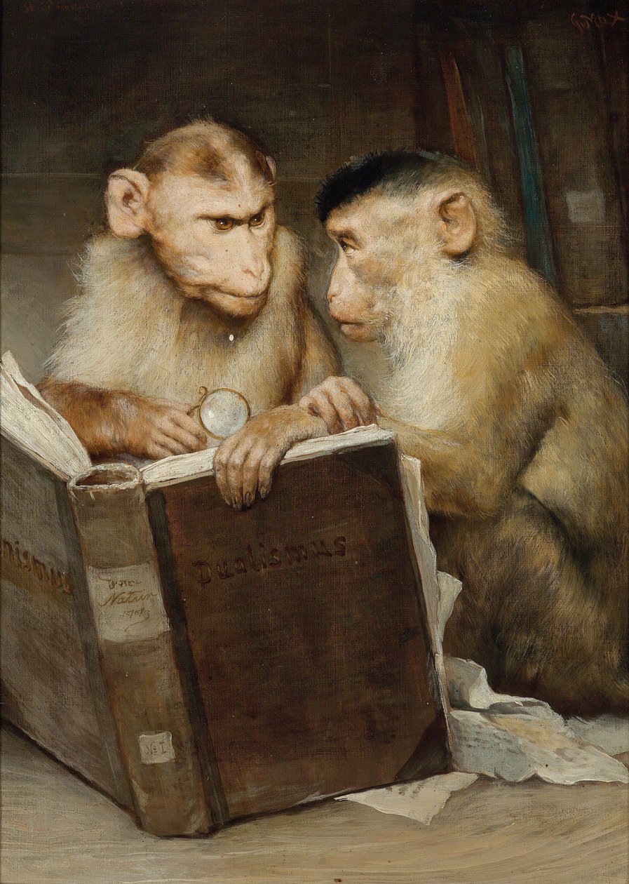 "Les savants"" (Učenci) Dvě opice držící otevřenou knihu - Obraz Gabriela Cornelia Ritter von Max (1840-1915) Soukromá sbírka od Gabriel Max