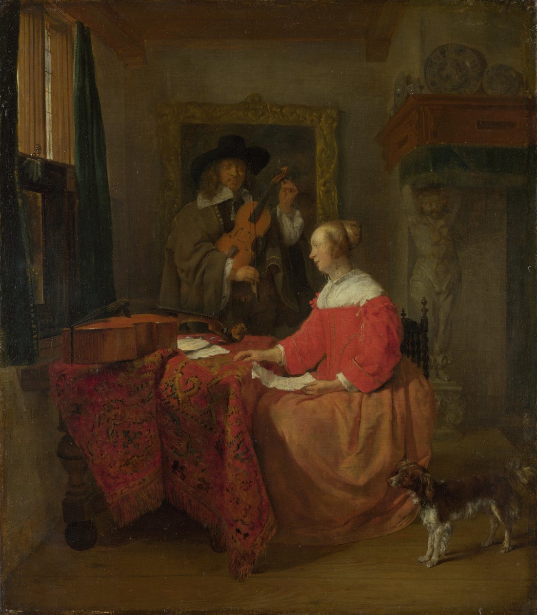 Žena sedící u stolu a muž ladící housle, c. 16571658 od Gabriel Metsu