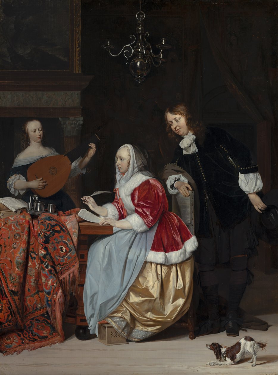 Mladá žena skládající skladbu hudby od Gabriel Metsu