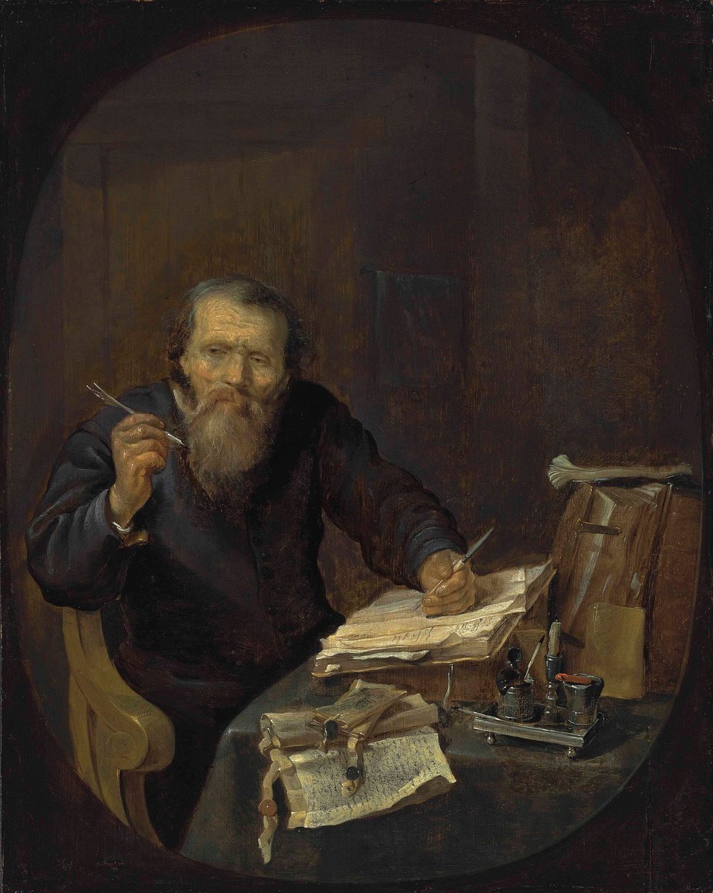 Notář brousí pero v interiéru. od Gabriel Metsu