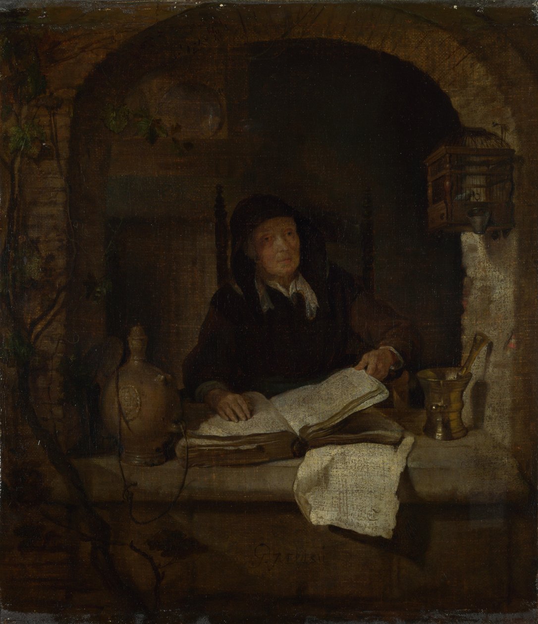 Stará žena s knihou, c. 1660 od Gabriel Metsu