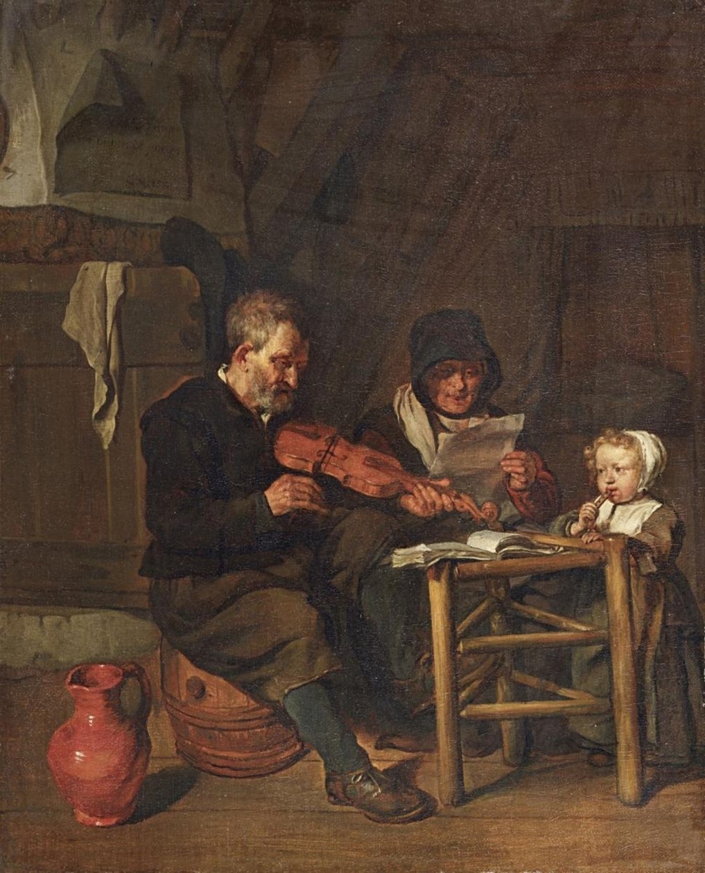 Nizozemsky: Soo de oude songen, soo piepen de jongen Jak staří zpívají, tak mladí pískají. od Gabriel Metsu