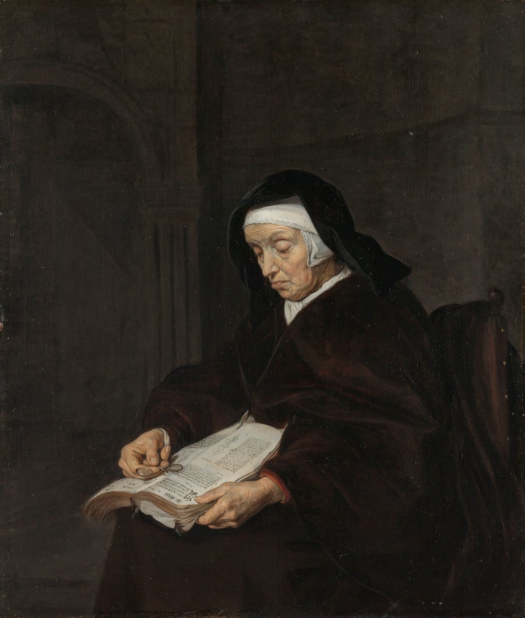 Stará žena meditující od Gabriel Metsu